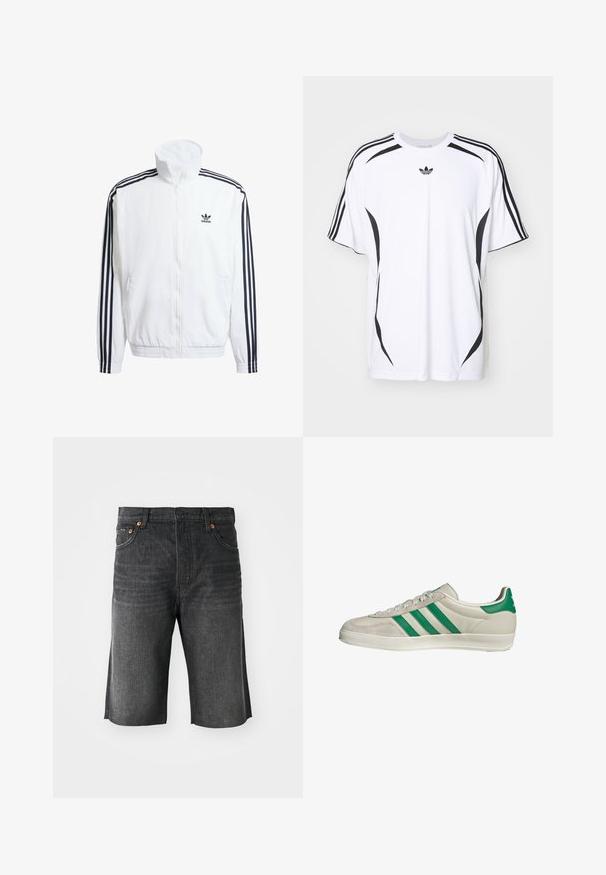 Witte zip-up jas met hoge kraag, voorzien van zwarte driekleurige accenten op de mouwen en een klein zwart adidas-logo op de borst.; Witte t-shirt met korte mouwen, voorzien van zwarte zijaccenten en drie zwarte strepen op de schouders. Inclusief klein zwart logo op de borst.; Denim shorts in donkergrijs met een rechte snit, vijf zakken en oranje stiksels aan de voorkant. Schoon afgewerkte zoom bij de mouwen.; Beige sneaker met groene strepen, voorzien van een witte zool en een bovenkant van glad leer. Zijaanzicht dat de veters en het logo benadrukt.