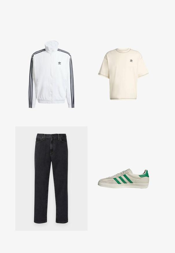 Witte zip-up jas met hoge kraag, voorzien van zwarte driekleurige accenten op de mouwen en een klein zwart adidas-logo op de borst.; Crème-kleurige oversized t-shirt van katoen, met korte mouwen, ronde hals en zwart Adidas-logo op de linkerbovenborst.; Zwarte rechtuitlopende jeans met voorzakken, riemlussen en een knopen sluiting, gepresenteerd op een witte achtergrond.; Beige sneaker met groene strepen, voorzien van een witte zool en een bovenkant van glad leer. Zijaanzicht dat de veters en het logo benadrukt.