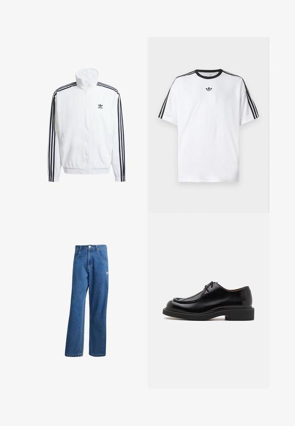 Jachetă albă cu fermoar și guler înalt, cu accente negre în trei dungi pe mâneci și un mic logo negru adidas pe piept.; Tricou alb din bumbac, cu un guler rotund negru și trei dungi negre pe fiecare umăr. Logo mic negru pe piept.; Jeans din denim cu talie înaltă, cu picioare largi, de culoare albastră, cu buzunare frontale, bucle pentru centură, închidere cu nasture și un mic logo Adidas pe coapsa dreaptă.; Pantof de piele neagră cu vârf rotund, detalii cusute, șireturi minime și talpă groasă din cauciuc pentru aderență și durabilitate.