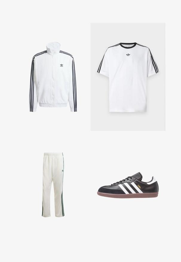 Chaqueta blanca con cierre en la parte delantera y cuello alto, con acentos en negro de tres rayas en las mangas y un pequeño logo negro de adidas en el pecho.; Camiseta blanca de algodón, con un cuello redondo negro y tres rayas negras en cada hombro. Pequeño logo negro en el pecho.; Pantalones deportivos blancos con rayas verdes en los laterales, cinturilla elástica y un logo en la parte superior izquierda. Hechos de tejido ligero.; Zapatillas de cuero negro con franjas blancas y el logo dorado "Samba", que cuentan con una puntera de ante y suela de goma marrón. Diseño clásico de corte bajo.