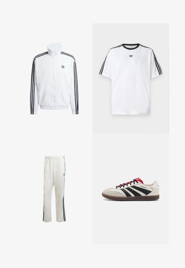 Valkoinen vetoketjullinen takki korkealla kauluksella, jossa on mustat kolmonauha-akcentit hihoissa ja pieni musta adidas-logo rinnassa.; Valkoinen t-paita, joka on valmistettu puuvillasta, mustalla pyöreällä kaula-aukolla ja kolmella mustalla raidalla jokaisella olkapäällä. Pieni musta logo rinnassa.; Valkoiset urheiluhousut vihreillä sivuremmeillä, elastisella vyötäröllä ja logolla vasemmassa yläkulmassa. Valmistettu kevyestä kankaasta.; Valkoiset ja mustat lenkkarit punaisilla yksityiskohdilla, joissa on mokkaa ja nahkaa päälliskäytössä, kolme mustaa raitaa, litteät nauhat ja kuvioitu kumipohja.