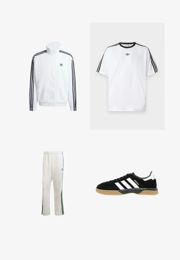 Biała kurtka z zamkiem na całej długości i wysokim kołnierzem, z czarnymi, trzema pasami na rękawach oraz małym czarnym logo adidas na piersi.; Biała koszulka z bawełny, z czarnym okrągłym dekoltem i trzema czarnymi paskami na każdym ramieniu. Małe czarne logo na klatce piersiowej.; Białe spodnie sportowe z zielonymi paskami po bokach, elastycznym paskiem w talii i logo na górnej lewej stronie. Wykonane z lekkiego materiału.; Czarne zamszowe sneakersy z trzema białymi paskami, podeszwa z gumy, oraz czarnymi akcentami. Posiadają niską sylwetkę i okrągły czubek.