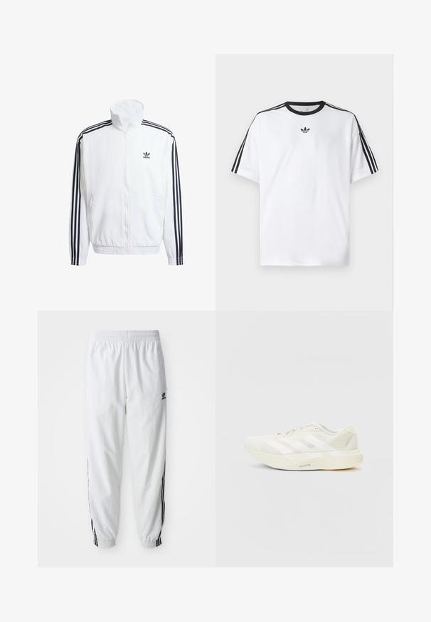 Bijela jakna sa zipom i visokim okovratnikom, s crnim trakama u tri reda na rukavima i malim crnim adidas logom na prsima.; Bijela majica od pamuka, s crnim okruglim izrezom i tri crne pruge na svakom ramenu. Mali crni logo na prsima.; Bijele atletske hlače s crnim bočnim trakama, elastičnim pojasom i manžetama; sadrže Adidas logo na lijevom butu. Glatka tekstura tkanine.; Bijela atletska obuća s gornjim dijelom od mrežice, s tri bijele pruge, okruglim vrhom i svijetlim potplatom označenim "LIGHTSTRIKE PRO."