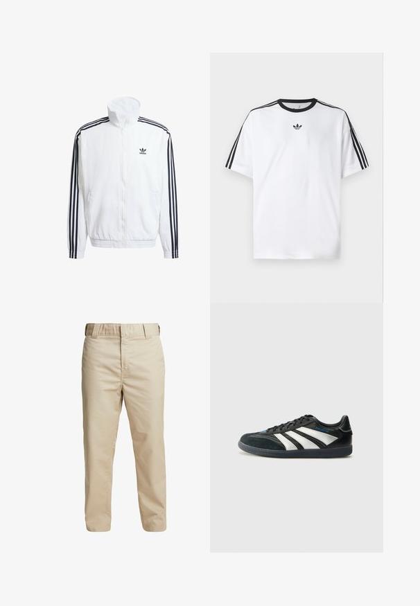 Bijela jakna sa zipom i visokim okovratnikom, s crnim trakama u tri reda na rukavima i malim crnim adidas logom na prsima.; Bijela majica od pamuka, s crnim okruglim izrezom i tri crne pruge na svakom ramenu. Mali crni logo na prsima.; Bež pamučne hlače slim fit kroja, ravnih nogavica i s proširenjem za remen; glatka tekstura i minimalistički dizajn bez vidljivih akcenata.; adidas Performance PREDATOR FREESTYLE JUDE INDOOR FOOTBALL SHOES - Dvoranske nogometne kopačke - core black/silver-coloured/glory blue