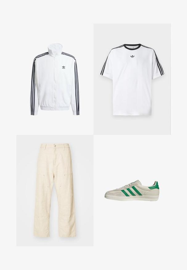 Weißer Zip-Up-Jacke mit hohem Kragen, ausgestattet mit schwarzen Drei-Streifen-Akzenten an den Ärmeln und einem kleinen schwarzen adidas-Logo auf der Brust.; Weißes T-Shirt aus Baumwolle mit einem schwarzen, runden Halsausschnitt und drei schwarzen Streifen auf jeder Schulter. Kleines schwarzes Logo auf der Brust.; Leinen-Hosen mit weitem Bein in hellbeige, ausgestattet mit Fronttaschen, einem Knopfverschluss und sichtbaren Nähten für zusätzliche Textur.; Beige Sneaker mit grünen Streifen, ausgestattet mit einer weißen Sohle und einem Obermaterial aus glattem Leder. Seitenansicht, die die Schnürdetails und das Logo hervorhebt.