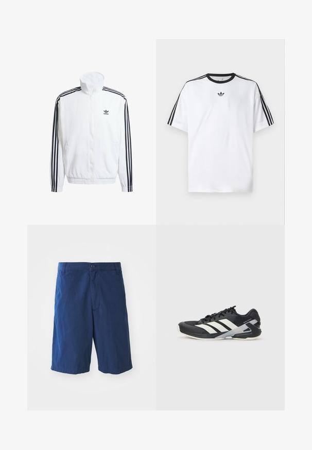 Weißer Zip-Up-Jacke mit hohem Kragen, ausgestattet mit schwarzen Drei-Streifen-Akzenten an den Ärmeln und einem kleinen schwarzen adidas-Logo auf der Brust.; Weißes T-Shirt aus Baumwolle mit einem schwarzen, runden Halsausschnitt und drei schwarzen Streifen auf jeder Schulter. Kleines schwarzes Logo auf der Brust.; Dunkelblaue Baumwollshorts mit einem frontalen Knopfverschluss, Seitentaschen und geradem Schnitt. Sie haben eine glatte Textur und keine sichtbaren Muster.; Schwarzer Sportschuh mit weißen Streifen, Obermaterial aus Mesh, runde Zehenform und gepolstertem Sohlenteil. Verfügt über eine strukturierte Ferse und ein sicheres Schnürsystem.