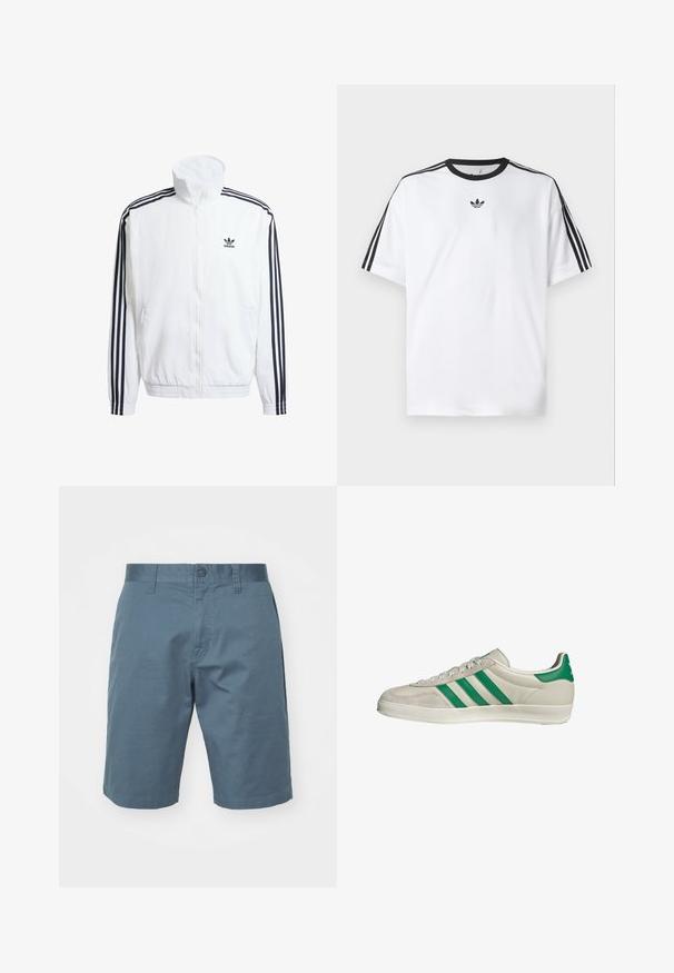 Weißer Zip-Up-Jacke mit hohem Kragen, ausgestattet mit schwarzen Drei-Streifen-Akzenten an den Ärmeln und einem kleinen schwarzen adidas-Logo auf der Brust.; Weißes T-Shirt aus Baumwolle mit einem schwarzen, runden Halsausschnitt und drei schwarzen Streifen auf jeder Schulter. Kleines schwarzes Logo auf der Brust.; Blaue Baumwollshorts mit Knopfverschluss, Gürtelschlaufen und seitlichen Taschen. Glatte Textur mit lockerer Passform, die über das Knie reicht.; Beige Sneaker mit grünen Streifen, ausgestattet mit einer weißen Sohle und einem Obermaterial aus glattem Leder. Seitenansicht, die die Schnürdetails und das Logo hervorhebt.
