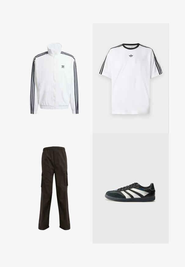 Fehér zipzáros dzseki magas gallérral, fekete háromcsíkos díszítéssel az ujjakon és egy kis fekete adidas logóval a mellen.; Fehér pamut póló, fekete kerek nyakkal, mindkét vállán három fekete csíkkal. Kis fekete logó a mellkason.; Barna cargo nadrág rugalmas derékkal, oldalsó zsebekkel és bő szabással. Tartós anyagból készült, sima tapintással.; adidas Performance PREDATOR FREESTYLE JUDE INDOOR FOOTBALL SHOES - Beltéri futballcipő - core black/silver-coloured/glory blue