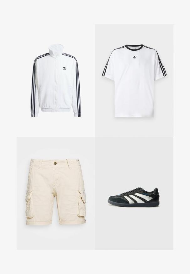 Bela zip-up jakna z visokim ovratnikom, ki ima črne tri-ravne akcentne na rokavih in majhen črn adidas logotip na prsih.; Bela majica iz bombaža z črnimi okroglimi izrezi in tremi črnimi črtami na vsakem ramu. Majhen črn logotip na prsih.; Bež kratke hlače s žepi na straneh, zavihanimi robovi, gumbom za zapiranje in zankami za pas. Narejene iz lahkega, strukturiranega materiala.; adidas Performance PREDATOR FREESTYLE JUDE INDOOR FOOTBALL SHOES - Dvoranske nogometne kopačke - core black/silver-coloured/glory blue