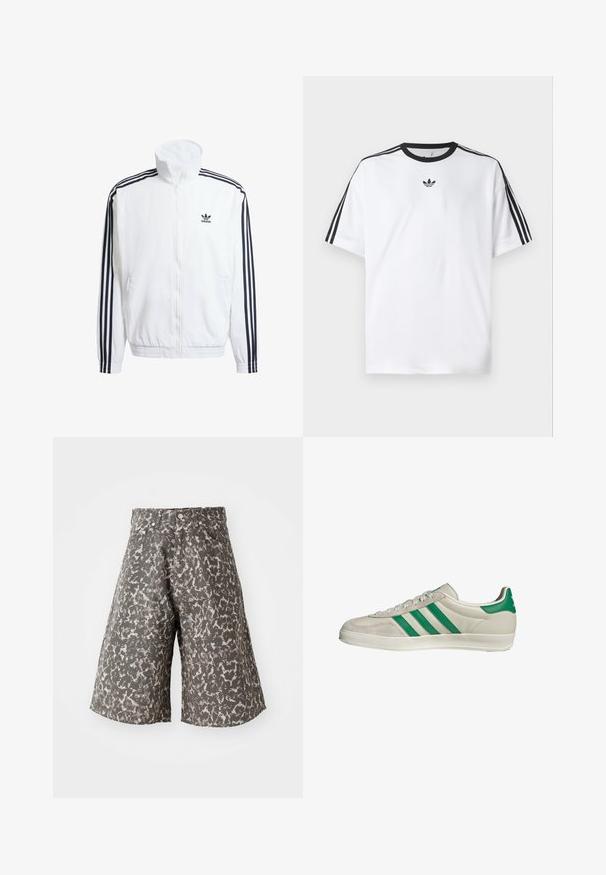 Veste blanche zippée avec col montant, ornée de accents noirs à trois rayures sur les manches et d'un petit logo adidas noir sur la poitrine.; T-shirt blanc en coton, doté d'un col rond noir et de trois rayures noires sur chaque épaule. Petit logo noir sur la poitrine.; Shorts en imprimé camouflage dans des teintes de gris et de beige. Fabriqués en tissu texturé, ils présentent un design classique à cinq poches et une fermeture à bouton en métal.; Baskets beiges avec des rayures vertes, dotées d'une semelle blanche et d'un dessus en cuir lisse. Vue de côté mettant en valeur les détails des lacets et le logo.