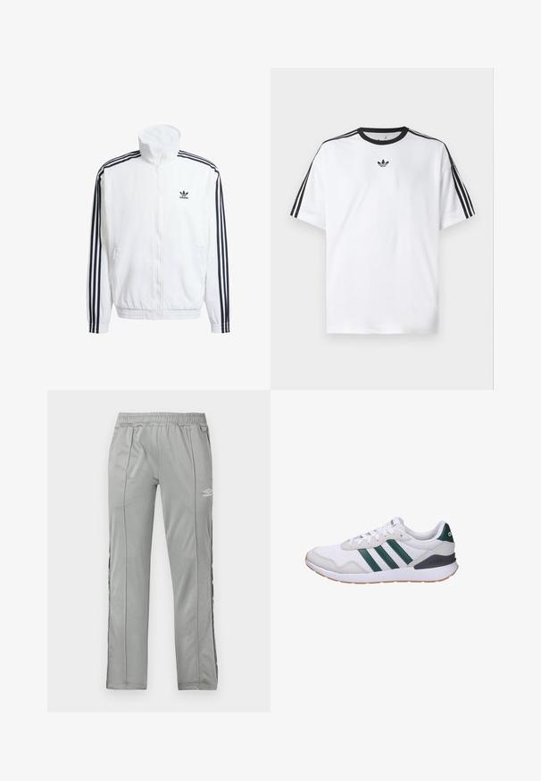 Chaqueta blanca con cierre en la parte delantera y cuello alto, con acentos en negro de tres rayas en las mangas y un pequeño logo negro de adidas en el pecho.; Camiseta blanca de algodón, con un cuello redondo negro y tres rayas negras en cada hombro. Pequeño logo negro en el pecho.; Pantalones deportivos Umbro de color gris claro con cinturilla elástica y franjas laterales en blanco y negro, exhibidos contra un fondo blanco.; Zapatillas deportivas blancas con rayas verdes, parte superior de textil, suela de goma, diseño de cordones y cuello acolchado para mayor comodidad.