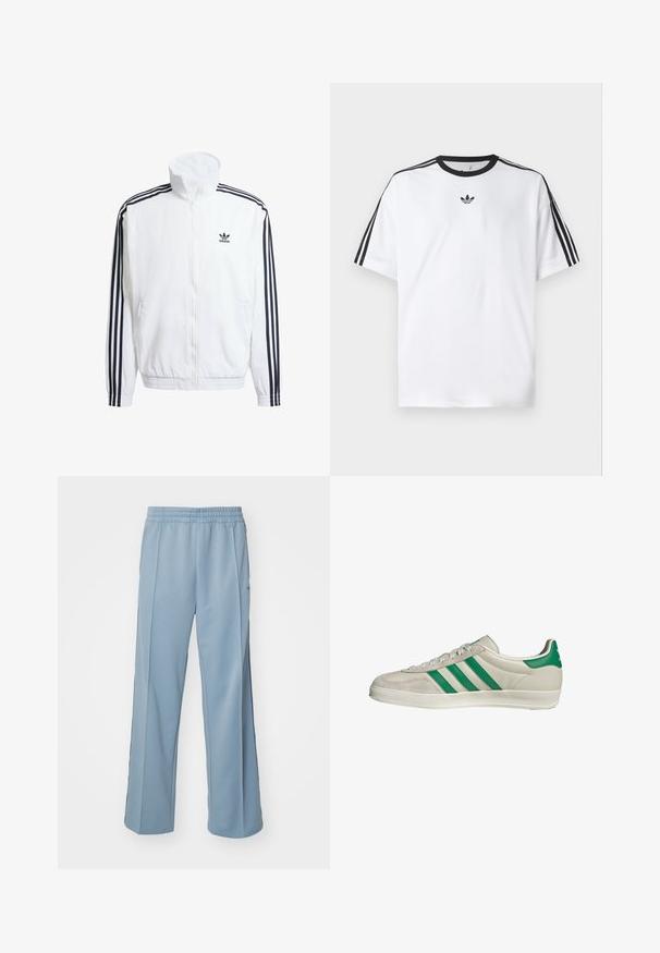 Weißer Zip-Up-Jacke mit hohem Kragen, ausgestattet mit schwarzen Drei-Streifen-Akzenten an den Ärmeln und einem kleinen schwarzen adidas-Logo auf der Brust.; Weißes T-Shirt aus Baumwolle mit einem schwarzen, runden Halsausschnitt und drei schwarzen Streifen auf jeder Schulter. Kleines schwarzes Logo auf der Brust.; Carhartt WIP BOLAN PANT - Jogginghose - dusty ice/positano; Beige Sneaker mit grünen Streifen, ausgestattet mit einer weißen Sohle und einem Obermaterial aus glattem Leder. Seitenansicht, die die Schnürdetails und das Logo hervorhebt.