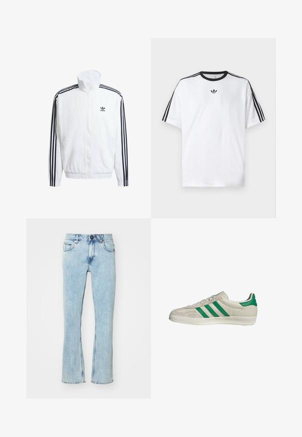 Weißer Zip-Up-Jacke mit hohem Kragen, ausgestattet mit schwarzen Drei-Streifen-Akzenten an den Ärmeln und einem kleinen schwarzen adidas-Logo auf der Brust.; Weißes T-Shirt aus Baumwolle mit einem schwarzen, runden Halsausschnitt und drei schwarzen Streifen auf jeder Schulter. Kleines schwarzes Logo auf der Brust.; Helles blau, hochgeschnittene Jeans aus Denim, mit geradem Bein, fünf Taschen und einem Knopfverschluss vorne. Ausgewaschene Details sind vorhanden.; Beige Sneaker mit grünen Streifen, ausgestattet mit einer weißen Sohle und einem Obermaterial aus glattem Leder. Seitenansicht, die die Schnürdetails und das Logo hervorhebt.