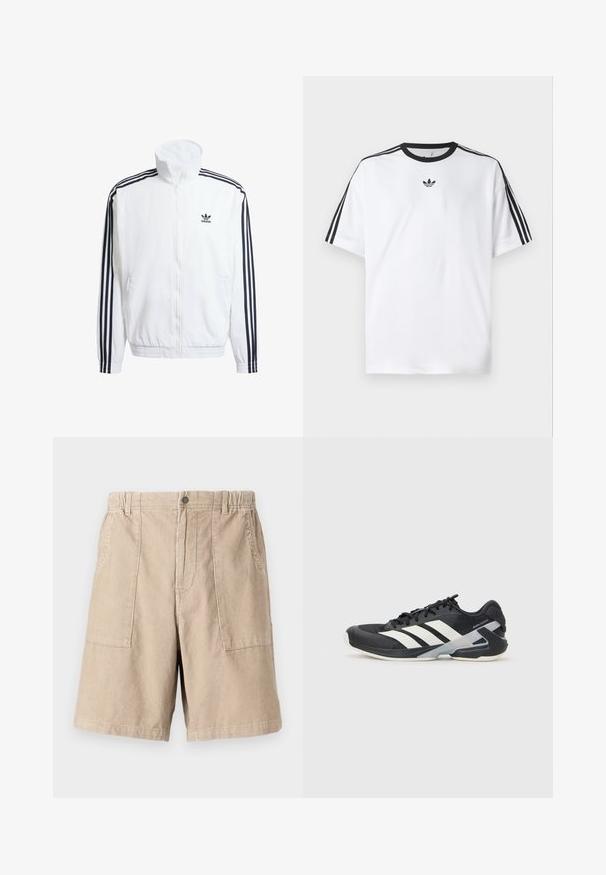 Bijela jakna sa zipom i visokim okovratnikom, s crnim trakama u tri reda na rukavima i malim crnim adidas logom na prsima.; Bijela majica od pamuka, s crnim okruglim izrezom i tri crne pruge na svakom ramenu. Mali crni logo na prsima.; Bež kratke hlače od kordura s teksturiranim materijalom, dva bočna džepa, elastična struk i jedan dugmić za zatvaranje.; Crne atletske cipele s bijelim prugama, mrežasta gornja strana, zaobljeni prst i podstavljeni đon. Imaju teksturiranu petu i siguran sustav vezivanja.