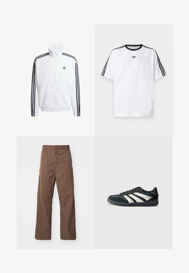 Weißer Zip-Up-Jacke mit hohem Kragen, ausgestattet mit schwarzen Drei-Streifen-Akzenten an den Ärmeln und einem kleinen schwarzen adidas-Logo auf der Brust.; Weißes T-Shirt aus Baumwolle mit einem schwarzen, runden Halsausschnitt und drei schwarzen Streifen auf jeder Schulter. Kleines schwarzes Logo auf der Brust.; Braune gerade geschnittene Hosen aus strapazierfähigem Stoff mit glatter Textur. Mit Gürtelschlaufen und flachen Bunddesign, geeignet für lässige Kleidung.; adidas Performance PREDATOR FREESTYLE JUDE INDOOR FOOTBALL SHOES - Indoor-Fußballschuhe - core black/silver-coloured/glory blue