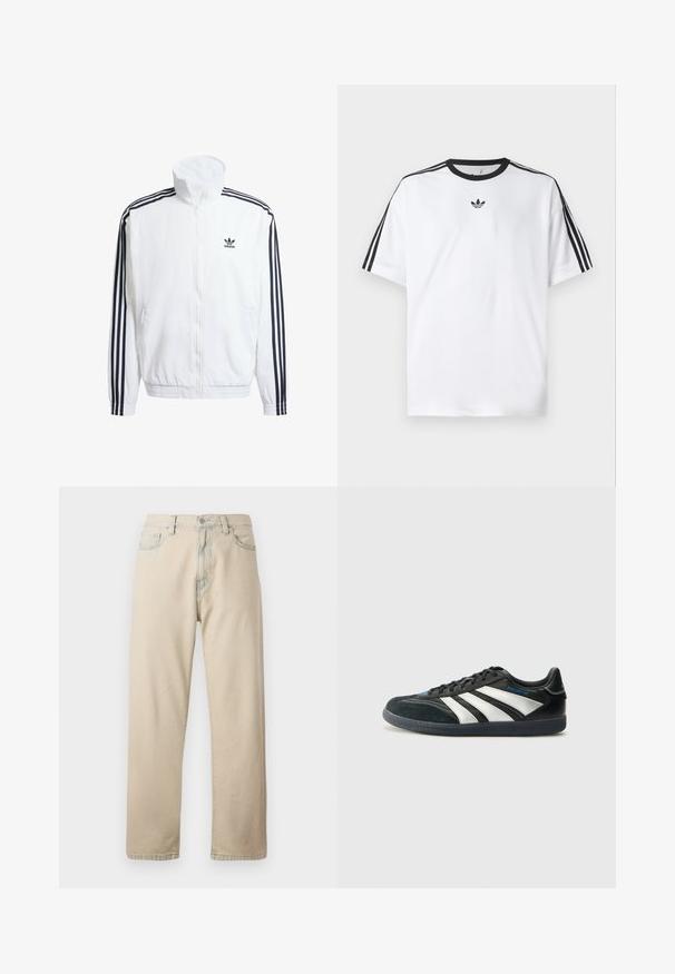 Bela zip-up jakna z visokim ovratnikom, ki ima črne tri-ravne akcentne na rokavih in majhen črn adidas logotip na prsih.; Bela majica iz bombaža z črnimi okroglimi izrezi in tremi črnimi črtami na vsakem ramu. Majhen črn logotip na prsih.; Béžinske kavbojke iz bombažnega denim materiala s straight nogami, petimi žepi, obrobo za pas in zadrgo. Rahlo zbledela tekstura in kontrastno šivanje.; adidas Performance PREDATOR FREESTYLE JUDE INDOOR FOOTBALL SHOES - Dvoranske nogometne kopačke - core black/silver-coloured/glory blue