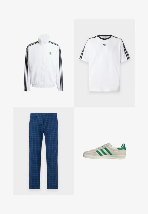 Weißer Zip-Up-Jacke mit hohem Kragen, ausgestattet mit schwarzen Drei-Streifen-Akzenten an den Ärmeln und einem kleinen schwarzen adidas-Logo auf der Brust.; Weißes T-Shirt aus Baumwolle mit einem schwarzen, runden Halsausschnitt und drei schwarzen Streifen auf jeder Schulter. Kleines schwarzes Logo auf der Brust.; Blaue karierte Hose mit einem dunkelblauen Grund und hellblauem Rautenmuster, gerader Beinführung, Fronttaschen und Knopfverschluss.; Beige Sneaker mit grünen Streifen, ausgestattet mit einer weißen Sohle und einem Obermaterial aus glattem Leder. Seitenansicht, die die Schnürdetails und das Logo hervorhebt.