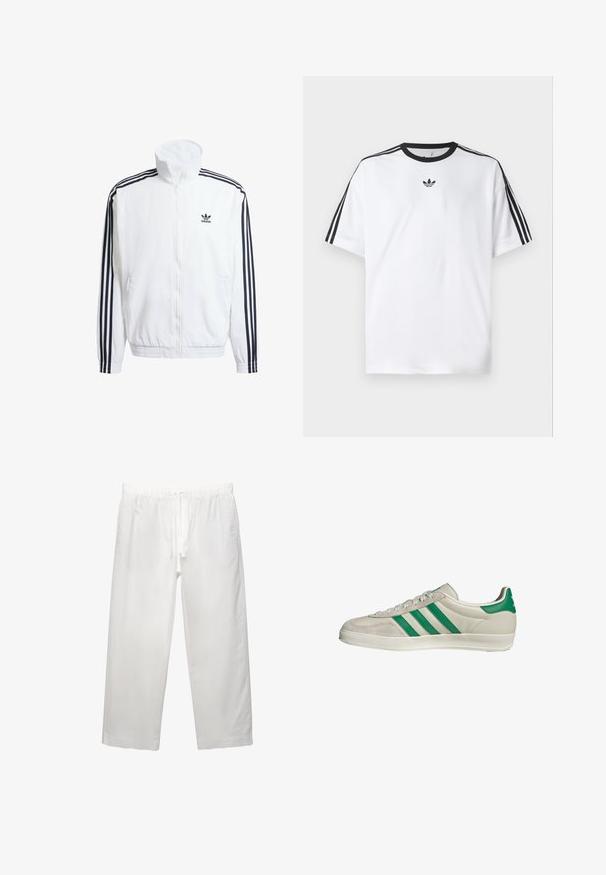 Witte zip-up jas met hoge kraag, voorzien van zwarte driekleurige accenten op de mouwen en een klein zwart adidas-logo op de borst.; Witte T-shirt van katoen, met een zwarte ronde halslijn en drie zwarte strepen op elke schouder. Klein zwart logo op de borst.; Witte linnen broeken met een elastische tailleband met koord, een wijd been ontwerp en schone naden. Glad textuur met een casual pasvorm.; Beige sneaker met groene strepen, voorzien van een witte zool en een bovenkant van glad leer. Zijaanzicht dat de veters en het logo benadrukt.