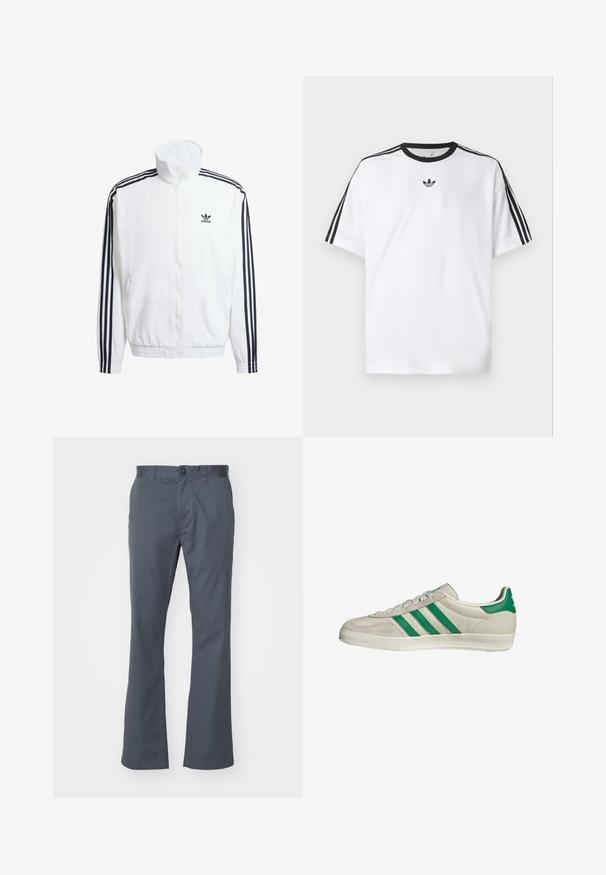 Giacca bianca con zip e collo alto, con accenti neri a tre strisce sulle maniche e piccolo logo adidas nero sul petto.; Maglietta bianca in cotone, con scollatura rotonda nera e tre strisce nere su ciascuna spalla. Piccolo logo nero sul petto.; Pantaloni dritti grigio scuro in misto cotone, con chiusura anteriore a bottone, passanti per cintura e tasche standard. Tessuto morbido.; Sneaker beige con strisce verdi, con suola bianca e tomaia in pelle liscia. Vista laterale che evidenzia i dettagli dei lacci e il logo.