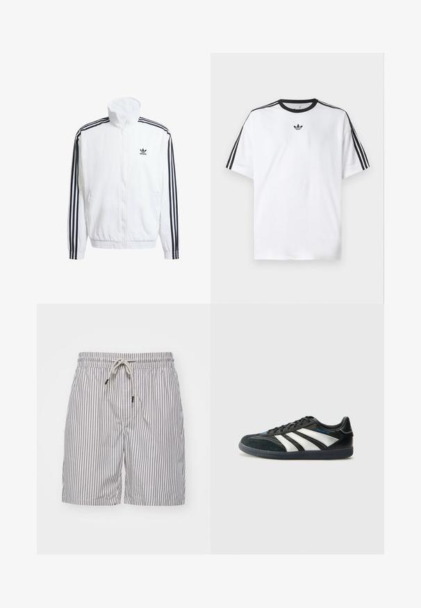 Fehér zipzáros dzseki magas gallérral, fekete háromcsíkos díszítéssel az ujjakon és egy kis fekete adidas logóval a mellen.; Fehér pamut póló, fekete kerek nyakkal, mindkét vállán három fekete csíkkal. Kis fekete logó a mellkason.; Csíkos fürdőnadrág könnyű anyagból; kék függőleges csíkokkal, gumírozott derekkal és zsinórral, valamint oldalsó zsebekkel rendelkezik.; adidas Performance PREDATOR FREESTYLE JUDE INDOOR FOOTBALL SHOES - Beltéri futballcipő - core black/silver-coloured/glory blue