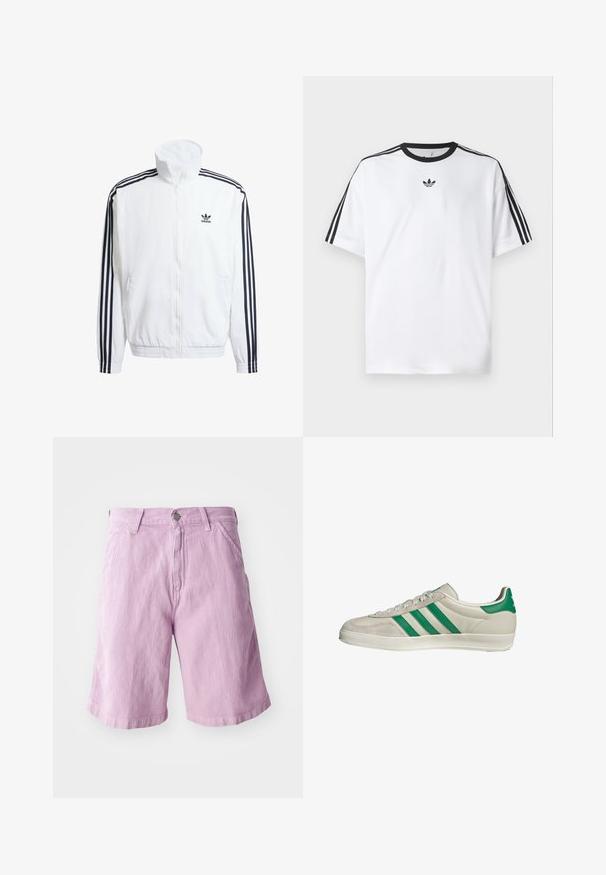 Witte zip-up jas met hoge kraag, voorzien van zwarte driekleurige accenten op de mouwen en een klein zwart adidas-logo op de borst.; Witte T-shirt van katoen, met een zwarte ronde halslijn en drie zwarte strepen op elke schouder. Klein zwart logo op de borst.; Lichtpaarse denimshorts met een rechte snit, voorzien van een knoop- en ritsluiting, vijf-pocketontwerp en een subtiele textuur.; Beige sneaker met groene strepen, voorzien van een witte zool en een bovenkant van glad leer. Zijaanzicht dat de veters en het logo benadrukt.