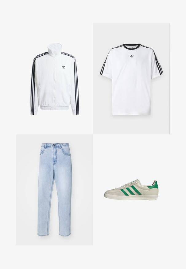 Weißer Zip-Up-Jacke mit hohem Kragen, ausgestattet mit schwarzen Drei-Streifen-Akzenten an den Ärmeln und einem kleinen schwarzen adidas-Logo auf der Brust.; Weißes T-Shirt aus Baumwolle mit einem schwarzen, runden Halsausschnitt und drei schwarzen Streifen auf jeder Schulter. Kleines schwarzes Logo auf der Brust.; Helle blaue Jeans aus Denim mit geradem Schnitt, mit Knopfverschluss, Seitentaschen und einem sauberen Saum ohne Verzierungen.; Beige Sneaker mit grünen Streifen, ausgestattet mit einer weißen Sohle und einem Obermaterial aus glattem Leder. Seitenansicht, die die Schnürdetails und das Logo hervorhebt.