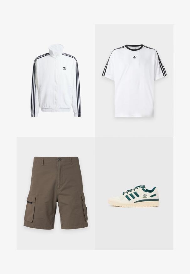 Veste blanche zippée avec col montant, ornée de accents noirs à trois rayures sur les manches et d'un petit logo adidas noir sur la poitrine.; T-shirt blanc en coton, doté d'un col rond noir et de trois rayures noires sur chaque épaule. Petit logo noir sur la poitrine.; Shorts cargo en vert olive, fabriqués en coton, dotés de deux poches latérales, d'une fermeture à bouton et d'un design droit.; Sneaker blanche avec des accents verts. Présente trois rayures vertes, un embout texturé et un logo sur le côté. Semelle en caoutchouc avec un motif texturé.
