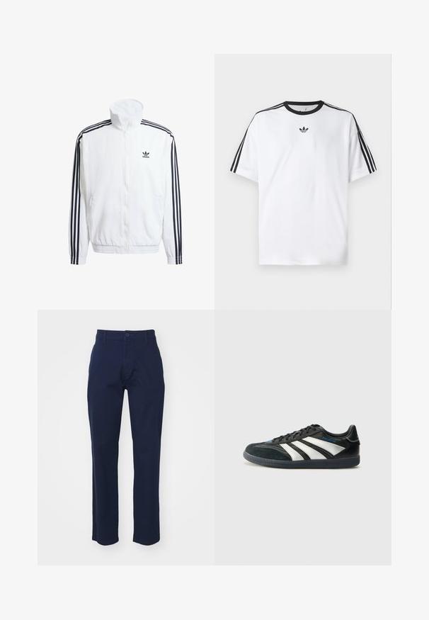 Fehér zipzáros dzseki magas gallérral, fekete háromcsíkos díszítéssel az ujjakon és egy kis fekete adidas logóval a mellen.; Fehér pamut póló, fekete kerek nyakkal, mindkét vállán három fekete csíkkal. Kis fekete logó a mellkason.; Alpha Industries PANT - Vászonnadrágok - ultra navy; adidas Performance PREDATOR FREESTYLE JUDE INDOOR FOOTBALL SHOES - Beltéri futballcipő - core black/silver-coloured/glory blue