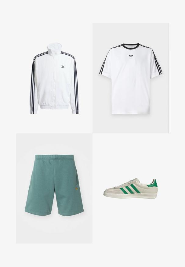 Witte zip-up jas met hoge kraag, voorzien van zwarte driekleurige accenten op de mouwen en een klein zwart adidas-logo op de borst.; Witte T-shirt van katoen, met een zwarte ronde halslijn en drie zwarte strepen op elke schouder. Klein zwart logo op de borst.; Katoenen blend shorts in een teal kleur met een elastische tailleband, zijzakken en een klein gouden logo accent op het onderbeen.; Beige sneaker met groene strepen, voorzien van een witte zool en een bovenkant van glad leer. Zijaanzicht dat de veters en het logo benadrukt.