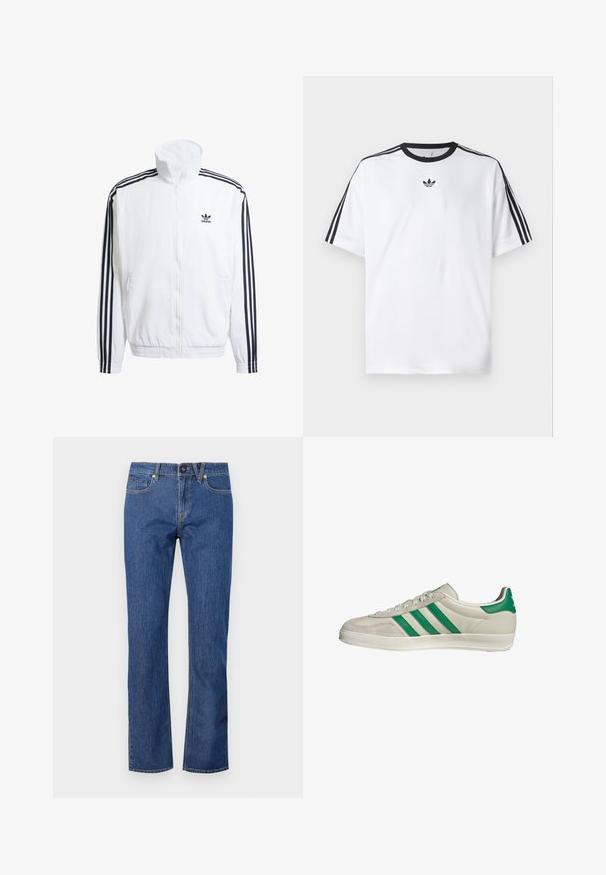 White zip-up jacket with high collar, featuring black three-stripe accents on sleeves and a small black adidas logo on the chest.; White T-shirt made of cotton, featuring a black round neckline and three black stripes on each shoulder. Small black logo on the chest.; Blue denim straight-leg jeans featuring a button closure, belt loops, and five pockets with subtle stitching details.; Beige sneaker with green stripes, featuring a white sole and a smooth leather upper. Side view highlighting lace details and logo.