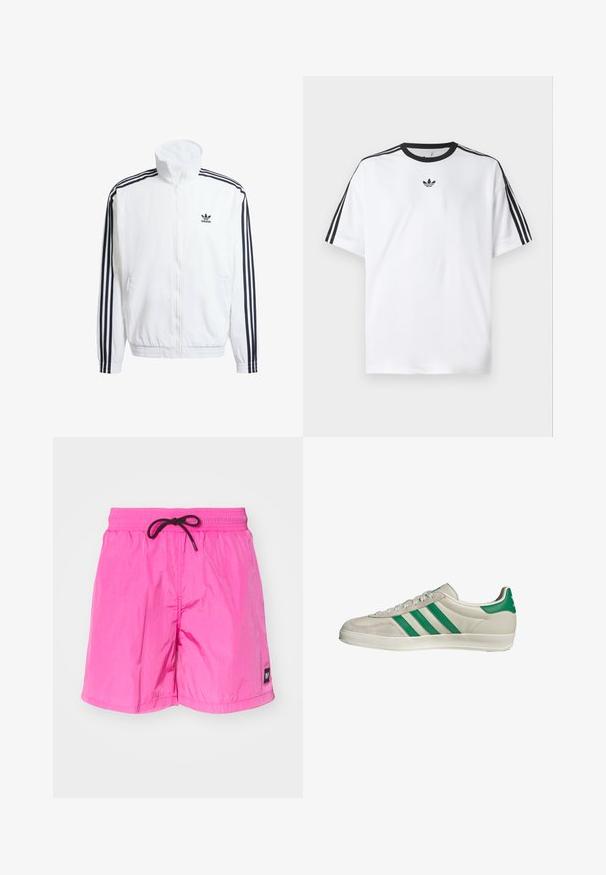 Weißer Zip-Up-Jacke mit hohem Kragen, ausgestattet mit schwarzen Drei-Streifen-Akzenten an den Ärmeln und einem kleinen schwarzen adidas-Logo auf der Brust.; Weißes T-Shirt aus Baumwolle mit einem schwarzen, runden Halsausschnitt und drei schwarzen Streifen auf jeder Schulter. Kleines schwarzes Logo auf der Brust.; Rosa, leichte Badeshorts mit elastischem Bund und schwarzem Kordelzug. Verfügt über ein kleines Etikett am linken Bein. Glatte Textur.; Beige Sneaker mit grünen Streifen, ausgestattet mit einer weißen Sohle und einem Obermaterial aus glattem Leder. Seitenansicht, die die Schnürdetails und das Logo hervorhebt.