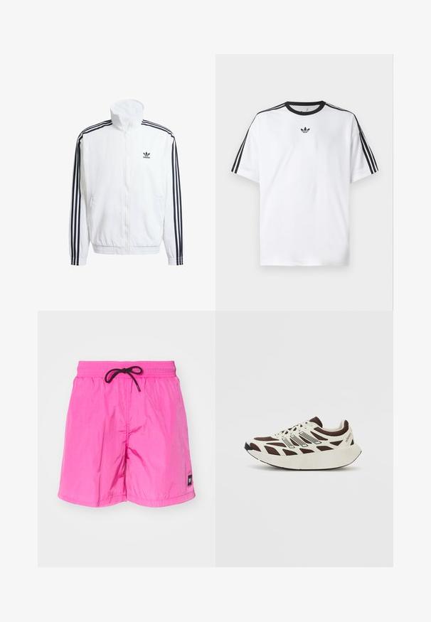 Casaco branco com fecho éclair e gola alta, apresentando detalhes em preto com três riscas nas mangas e um pequeno logotipo preto da adidas no peito.; Camiseta branca em algodão, com gola redonda preta e três riscas pretas em cada ombro. Pequeno logótipo preto no peito.; Calções de banho leves e rosados com um cós elástico e cordão preto. Apresenta um pequeno rótulo na perna esquerda. Textura suave.; Sapatilhas castanhas e creme com parte superior em malha, sobreposições texturizadas e uma sola branca espessa e arredondada. Apresenta uma língua de baixo perfil e atacadores.