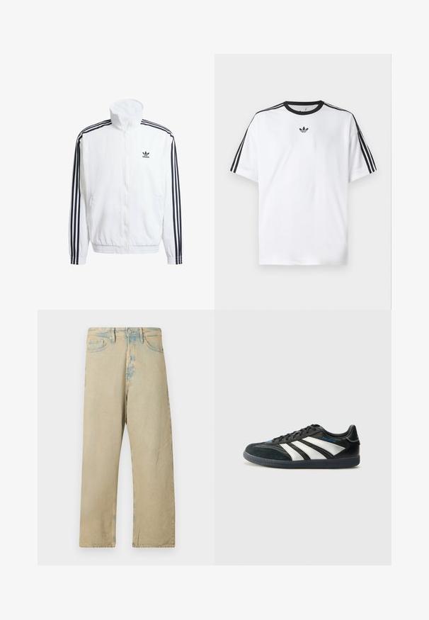 Balta zip-up striukė su aukštu kaklu, turinti juodus trijų juostų akcentus ant rankovių ir mažą juodą adidas logotipą ant krūtinės.; Balta medvilninė marškinėlių su juodu apvali kaklu, ant kiekvieno peties iš trijų juodų juostelių. Mažas juodas logotipas ant krūtinės.; Bežinės džinsinės kelnės laisvu siluetu, su išblukusiu plovimu ir subtiliais šviesiai mėlynais akcentais juosmens ir kraštų srityse.; adidas Performance PREDATOR FREESTYLE JUDE INDOOR FOOTBALL SHOES - Salės futbolo bateliai - core black/silver-coloured/glory blue