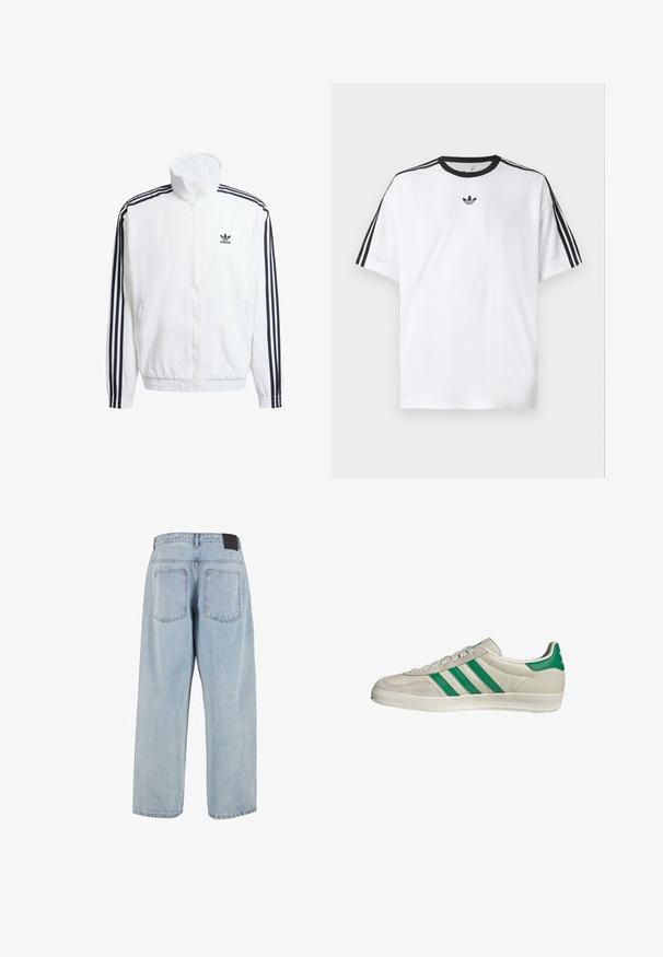 Weißer Zip-Up-Jacke mit hohem Kragen, ausgestattet mit schwarzen Drei-Streifen-Akzenten an den Ärmeln und einem kleinen schwarzen adidas-Logo auf der Brust.; Weißes T-Shirt aus Baumwolle mit einem schwarzen, runden Halsausschnitt und drei schwarzen Streifen auf jeder Schulter. Kleines schwarzes Logo auf der Brust.; Helle blaue, hochtaillierte Jeans aus Denim mit lockerer Passform, zwei Gesäßtaschen und einem schwarzen Lederetikett am Bund. Gerades Bein Design.; Beige Sneaker mit grünen Streifen, ausgestattet mit einer weißen Sohle und einem Obermaterial aus glattem Leder. Seitenansicht, die die Schnürdetails und das Logo hervorhebt.
