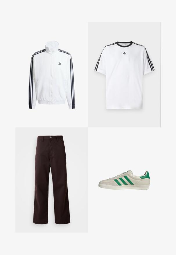 Witte zip-up jas met hoge kraag, voorzien van zwarte driekleurige accenten op de mouwen en een klein zwart adidas-logo op de borst.; Witte T-shirt van katoen, met een zwarte ronde halslijn en drie zwarte strepen op elke schouder. Klein zwart logo op de borst.; Donkerbruine wijde broek gemaakt van stevig katoen, met een frontsluiting met knoop en twee zijzakken. Glad textuur, klassiek ontwerp.; Beige sneaker met groene strepen, voorzien van een witte zool en een bovenkant van glad leer. Zijaanzicht dat de veters en het logo benadrukt.
