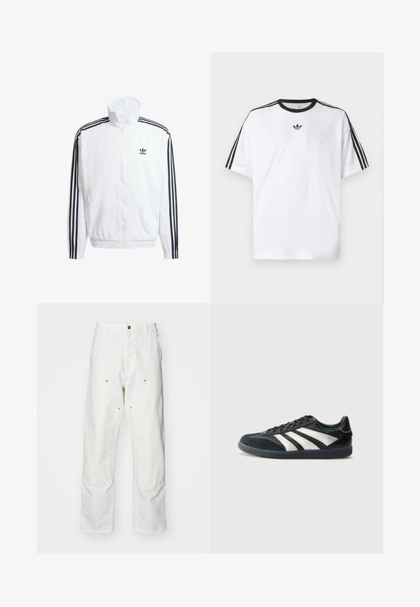 Valge tõmbluku ja kõrge kaelusega jope, millel on mustad kolm triipu aktsentideks varrukatel ning väike must adidas logo rinnal.; Valge puuvillane T-särk, millel on must ümmargune kaelus ja kolm musta triipu igal õlal. Rinnal väike must logo.; Valged puuvillased cargo püksid, millel on mugav lõige. Omadusteks on esikotid, kuldse riistvara aktsendid ja tugevdatud põlveosad.; adidas Performance PREDATOR FREESTYLE JUDE INDOOR FOOTBALL SHOES - Saalijalgpalli saapad - core black/silver-coloured/glory blue