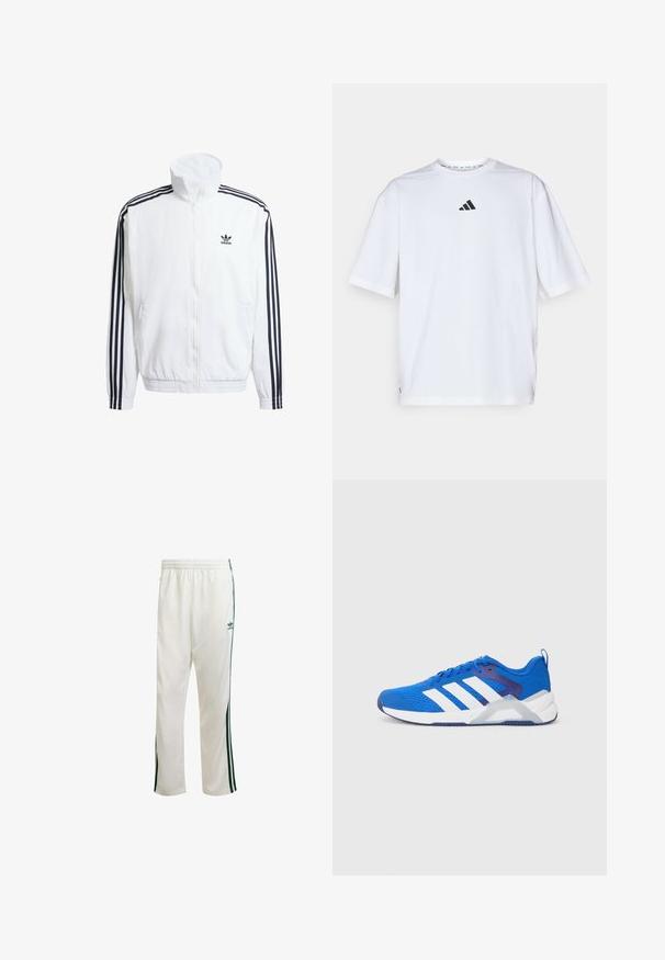 Giacca bianca con zip e collo alto, con accenti neri a tre strisce sulle maniche e piccolo logo adidas nero sul petto.; T-shirt bianco in cotone con logo Adidas nero sul petto, maniche corte, scollatura a girocollo e spacco laterale all'orlo.; Pantaloni da ginnastica bianchi con strisce verdi sui lati, cintura elastica e un logo sulla parte superiore sinistra. Realizzati in tessuto leggero.; Scarpe sportive blue realizzate in mesh traspirante con strisce bianche, punta testurizzata e suola ammortizzata per supporto e trazione.