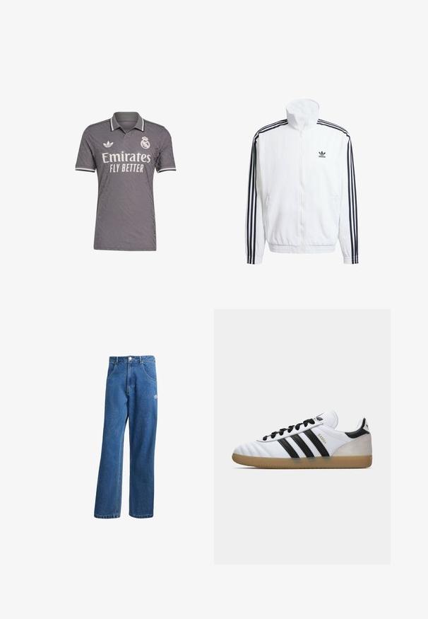 Witte zip-up jas met hoge kraag, voorzien van zwarte driekleurige accenten op de mouwen en een klein zwart adidas-logo op de borst.; Grijze voetbaltrui met een textuurpatroon, voorzien van een polokraag, witte accenten en het "Emirates Fly Better"-logo. Adidas-logo op de borst.; Blauwe hoge taille wijde spijkerbroek met voorzakken, riemlussen, knoopsluiting en klein Adidas-logo op de rechterdij.; Witte Adidas Samba sneaker met zwarte strepen, zwarte veters, beige suède hiel en een gumrubberen zool, weergegeven in linker zijprofiel.