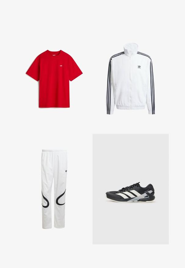 Weißer Zip-Up-Jacke mit hohem Kragen, ausgestattet mit schwarzen Drei-Streifen-Akzenten an den Ärmeln und einem kleinen schwarzen adidas-Logo auf der Brust.; Rotes Baumwoll-T-Shirt mit kurzen Ärmeln, rundem Halsausschnitt und kleinem weißen "VANS"-Logo auf der Brust. Glatte Textur und schlichtes Design.; Weiße Sporthose mit glatter Textur, die schwarze geschwungene Designs an den Seiten und ein schwarzes Logo in der Nähe des Bundes aufweist.; Schwarzer Sportschuh mit weißen Streifen, Obermaterial aus Mesh, runde Zehenform und gepolstertem Sohlenteil. Verfügt über eine strukturierte Ferse und ein sicheres Schnürsystem.