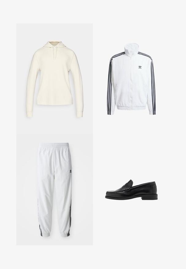 Biela zapínacia bunda s vysokým golierom, s čiernymi trojpruhovými akcentmi na rukávoch a malým čiernym logom adidas na hrudi.; Biely mikina s kapucňou, dlhými rukávmi, ribovanými manžetami, klokaním vreckom a šnúrou na krku vyrobená z mäkkej, textúrovanej látky.; Biele športové nohavice s čiernymi bočnými pruhmi, elastickým pásom a manžetami; na ľavom stehne je logo Adidas. Hladká textúra látky.; Čierne kožené loafers s hladkým povrchom, prešívané detaily na špičke a nízky dizajn podpätku pre pohodlie a štýl.