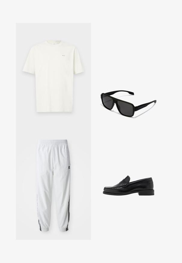 Jachetă albă cu fermoar și guler înalt, cu accente negre în trei dungi pe mâneci și un mic logo negru adidas pe piept.; Tricou alb simplu cu mânecă scurtă, cu text mic „NN. 07” de culoare neagră pe pieptul stâng, pe un fundal deschis.; Pantaloni atletici albi cu dungi negre pe lateral, talie elastică și manșete; prezintă logo-ul Adidas pe coapsa stângă. Textură a țesăturii netedă.; Mocasini negri din piele, cu un finisaj neted, detalii cusute pe vârf și un design cu toc jos pentru confort și stil.; Hawkers PARLAY - Ochelari de soare - black