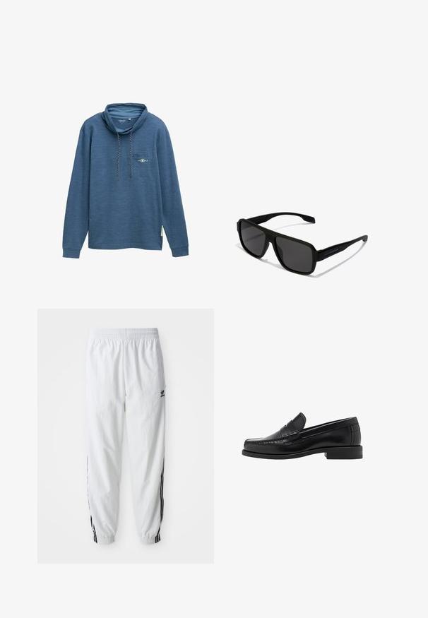 Biała kurtka z zamkiem na całej długości i wysokim kołnierzem, z czarnymi, trzema pasami na rękawach oraz małym czarnym logo adidas na piersi.; Niebieska koszula z długim rękawem i kapturem, z kieszenią na piersi, detalem w postaci sznurka oraz teksturowanym materiałem. Naszywka z logo w pobliżu kieszeni.; Białe spodenki sportowe z czarnymi paskami bocznymi, elastycznym pasem i mankietami; posiadają logo Adidasa na lewej udzie. Gładka tekstura materiału.; Czarne skórzane mokasyny o gładkim wykończeniu, ze stębnowaniem na nosie i niskim obcasem, zapewniającymi komfort i styl.; Hawkers PARLAY UNISEX czarny