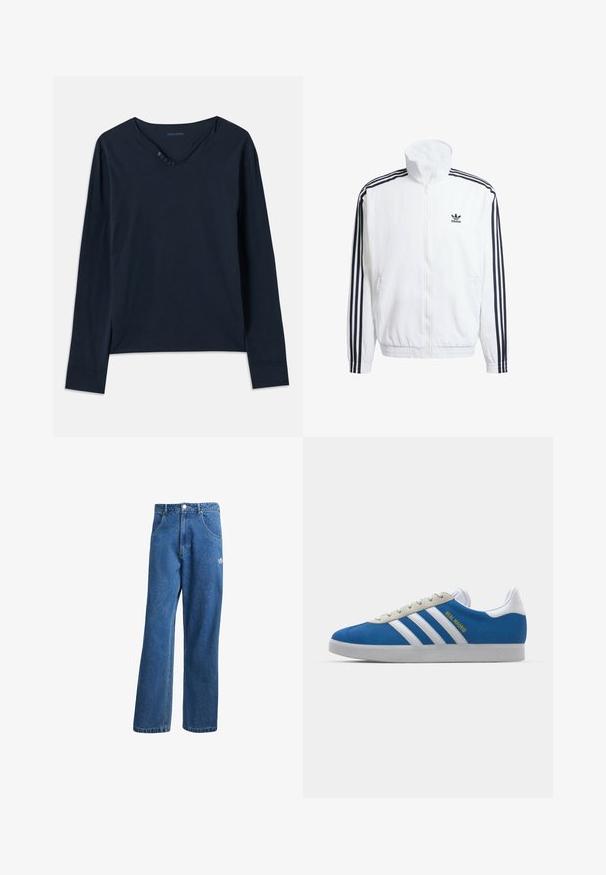 White zip-up jacket with high collar, featuring black three-stripe accents on sleeves and a small black adidas logo on the chest.; Long-sleeve, navy blue T-shirt made of soft cotton. Features a v-neck with five buttons and subtle side slits at the hem.; Blue high-waist wide-leg denim jeans with front pockets, belt loops, button closure, and small Adidas logo on the right thigh.; adidas Originals ADIDAS GAZELLE SHOES - Indoor football boots - real madrid/bluebird/footwear white/crew yellow