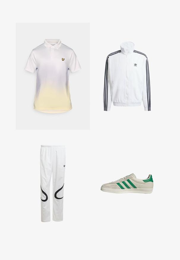 Weißer Zip-Up-Jacke mit hohem Kragen, ausgestattet mit schwarzen Drei-Streifen-Akzenten an den Ärmeln und einem kleinen schwarzen adidas-Logo auf der Brust.; Weißes Poloshirt mit einem gelben Verlauf am Saum, einem klassischen Kragen und einem kleinen schwarzen Vogel-Logo auf der linken Brust.; Weiße Sporthose mit glatter Textur, die schwarze geschwungene Designs an den Seiten und ein schwarzes Logo in der Nähe des Bundes aufweist.; Beige Sneaker mit grünen Streifen, ausgestattet mit einer weißen Sohle und einem Obermaterial aus glattem Leder. Seitenansicht, die die Schnürdetails und das Logo hervorhebt.