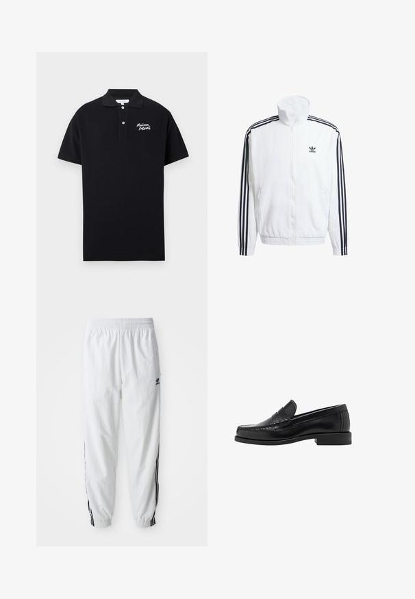 Biela zapínacia bunda s vysokým golierom, s čiernymi trojpruhovými akcentmi na rukávoch a malým čiernym logom adidas na hrudi.; Čierna polo tričko z bavlny s klasickým golierom, krátkymi rukávmi a vyšívaným logo "Maison Kitsuné" v bielej farbe na ľavej hrudi.; Biele športové nohavice s čiernymi bočnými pruhmi, elastickým pásom a manžetami; na ľavom stehne je logo Adidas. Hladká textúra látky.; Čierne kožené loafers s hladkým povrchom, prešívané detaily na špičke a nízky dizajn podpätku pre pohodlie a štýl.