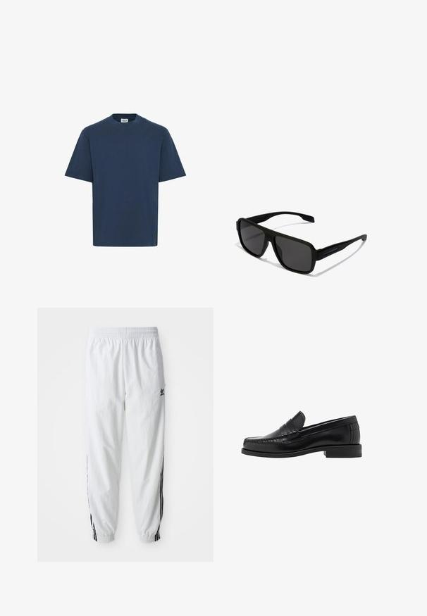 Giacca bianca con zip e collo alto, con accenti neri a tre strisce sulle maniche e piccolo logo adidas nero sul petto.; T-shirt in cotone blu navy con colletto tondo, maniche corte e orlo dritto. Presenta un piccolo etichetta del marchio sul lato sinistro inferiore.; Pantaloni sportivi bianchi con strisce nere sui lati, vita elasticizzata e polsini; presenta il logo Adidas sulla coscia sinistra. Texture del tessuto liscia.; Mocassini in pelle nera con una finitura liscia, dettagli cuciti sulla punta e un design a tacco basso per comfort e stile.; Hawkers PARLAY - Occhiali da sole - black