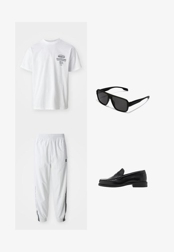 Hvid zip-up jakke med høj krave, pyntet med sorte tre-stribede accenter på ærmerne og et lille sort adidas-logo på brystet.; Hvid bomulds t-shirt med korte ærmer, rund hals og et grafisk print med teksten "Carhartt WIP" samt en madillustration på brystet.; Hvide træningsbukser med sorte sidelister, elastisk talje og manchetter; har Adidas-logoet på venstre lår. Glat stoftekstur.; Sorte læder loafers med en glat finish, syede detaljer på tåen og et lavt hældesign for komfort og stil.; Hawkers PARLAY - Solbriller - black