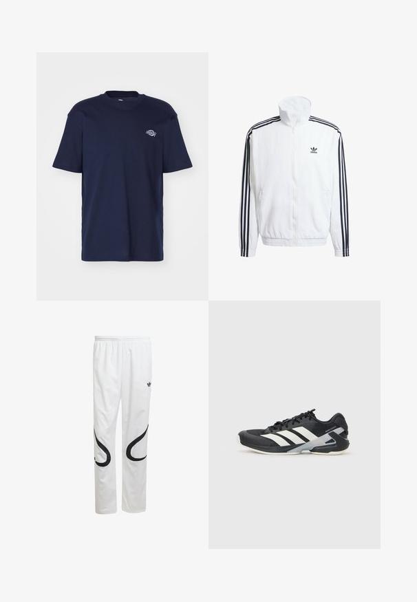 Casaco branco com fecho éclair e gola alta, apresentando detalhes em preto com três riscas nas mangas e um pequeno logotipo preto da adidas no peito.; T-shirt de algodão azul marinho com decote arredondado, mangas curtas e um pequeno logótipo impresso no lado esquerdo do peito. Textura suave e corte solto.; Calças desportivas brancas com uma textura suave, apresentando desenhos curvos pretos nas laterais e um logótipo preto perto da cintura.; Sapata atlética preta com riscas brancas, parte superior em malha, biqueira arredondada e sola acolchoada. Apresenta um calcanhar texturizado e um sistema de atacadores seguro.