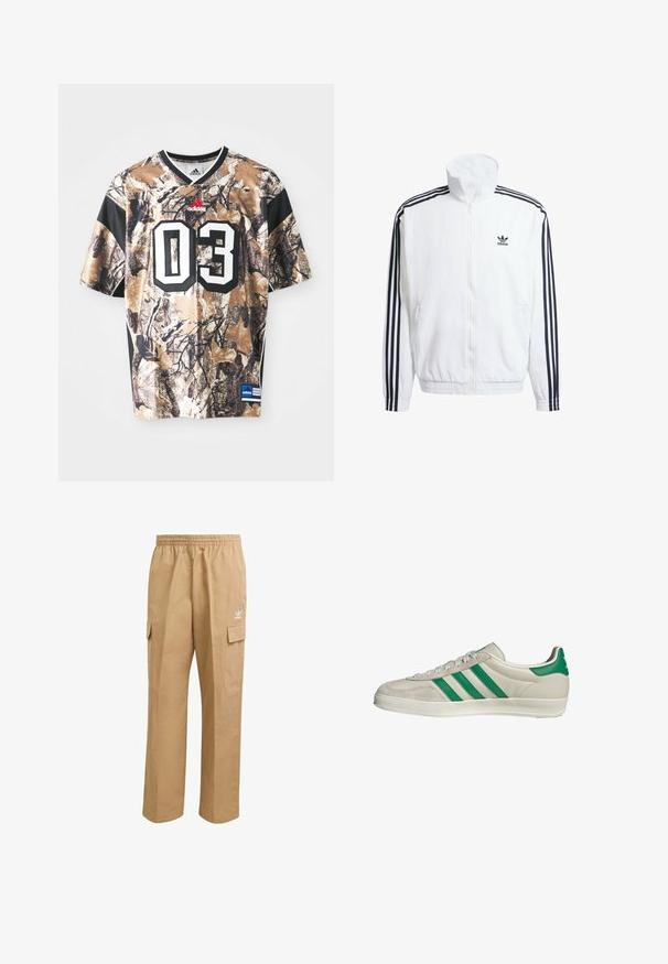 Giacca bianca con zip e collo alto, con accenti neri a tre strisce sulle maniche e piccolo logo adidas nero sul petto.; Jersey a maniche corte con motivo camouflage in tonalità sabbia, marrone e nero, con scollatura rotonda, texture pesante e grande numero stampato "03".; Pantaloni cargo color marrone chiaro con vita elastica, due tasche laterali cargo e un piccolo logo bianco sulla coscia sinistra. Texture liscia.; Sneaker beige con strisce verdi, con suola bianca e tomaia in pelle liscia. Vista laterale che evidenzia i dettagli dei lacci e il logo.