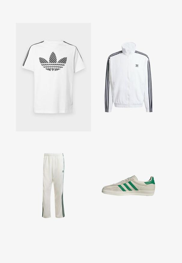 Giacca bianca con zip e collo alto, con accenti neri a tre strisce sulle maniche e piccolo logo adidas nero sul petto.; Maglietta bianca in cotone con un logo grafico nero a trifoglio sul davanti, con strisce nere sulle spalle come dettaglio.; Pantaloni da ginnastica bianchi con strisce verdi sui lati, cintura elastica e un logo sulla parte superiore sinistra. Realizzati in tessuto leggero.; Sneaker beige con strisce verdi, con suola bianca e tomaia in pelle liscia. Vista laterale che evidenzia i dettagli dei lacci e il logo.